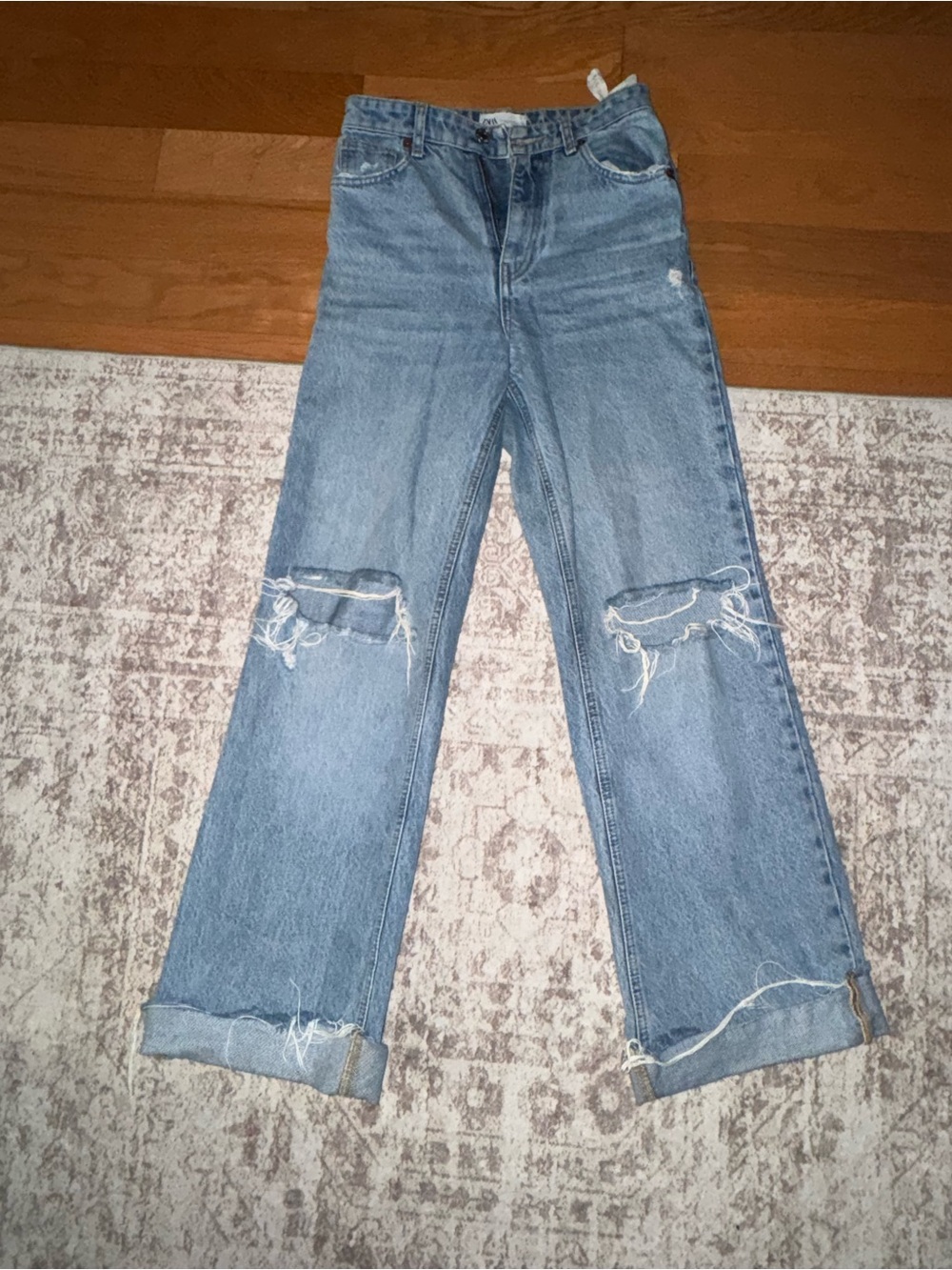 Zara Light Blue Distressed Wide-Leg Jeans